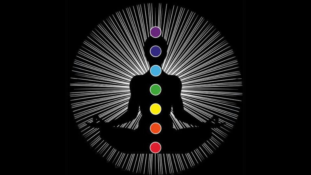 Seven Chakra Wheels illustrated on body in colors related to specific chakras.