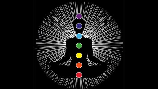Seven Chakra Wheels illustrated on body in colors related to specific chakras.