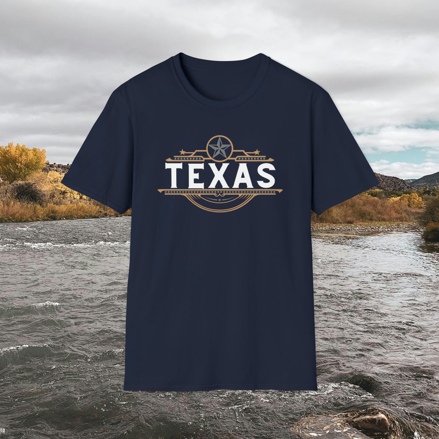 Texas T-shirt Elegant Gold Banner, Silver Star, Accents on a beautiful Graphic Softstyle T-Shirt Unisex Designs by MII