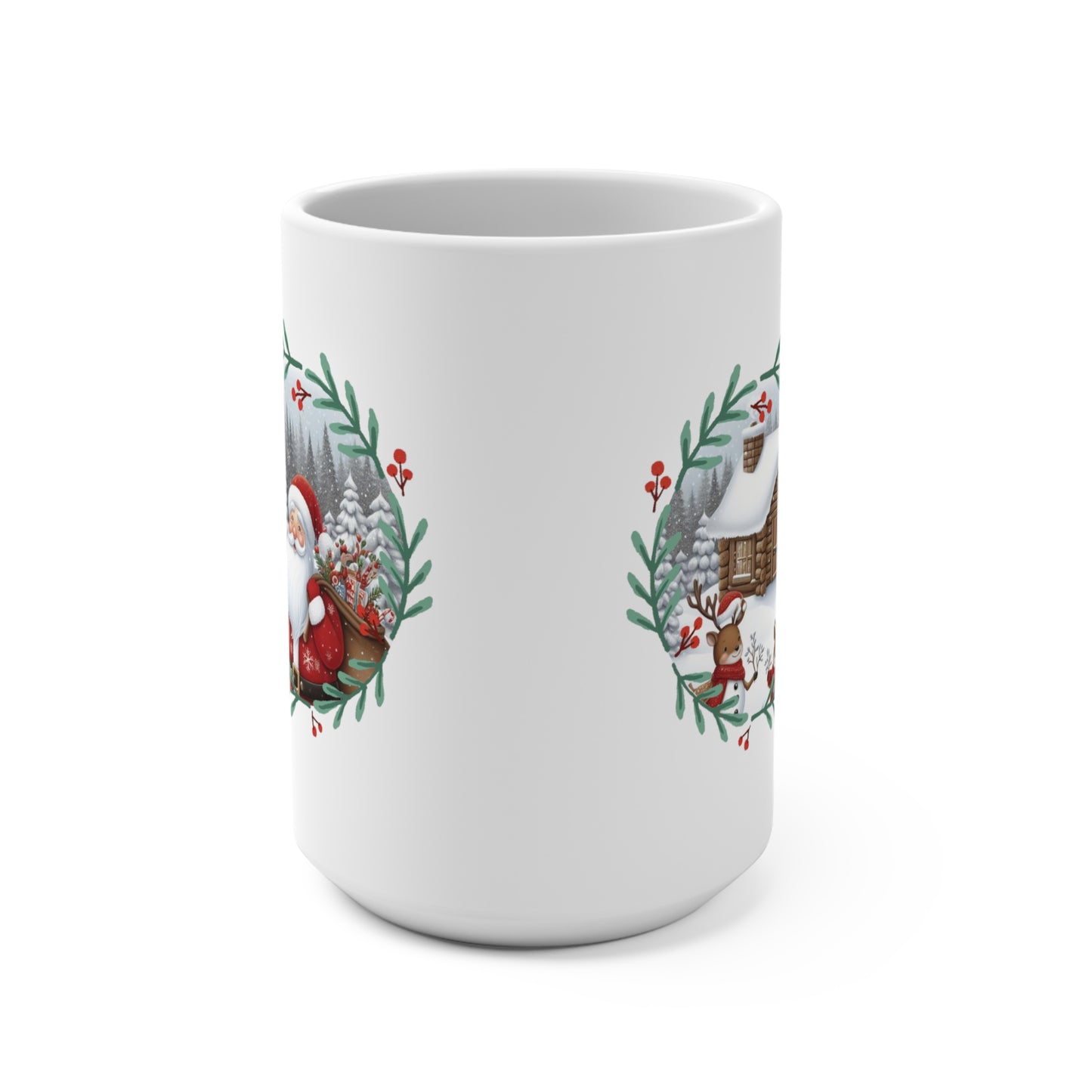 Santa, Gifts, Cabin, Reindeer, Snow, Trees, Birds, Christmas Mug