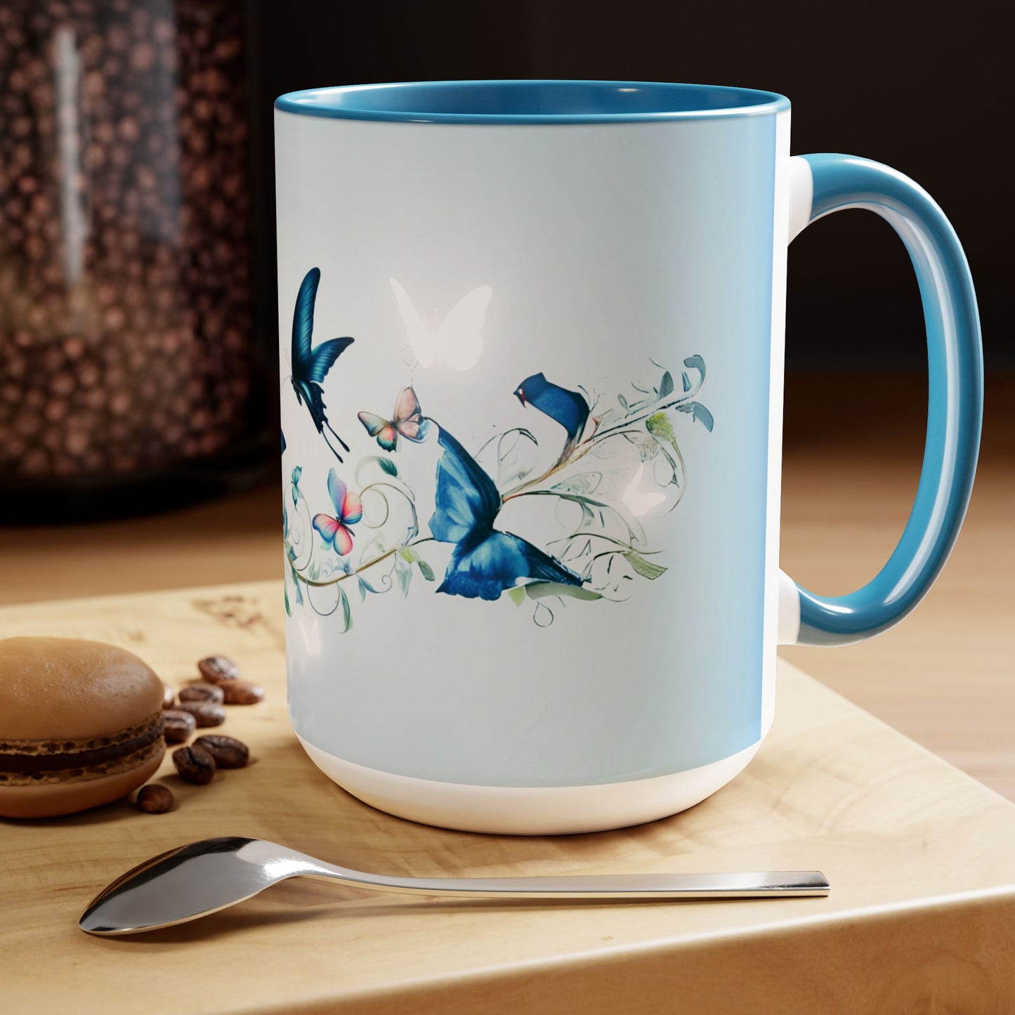 Beautiful Blue Butterflies & Floral vines and flowers - Large 15oz Two-Tone Ceramic Color Accents Coffee Mug