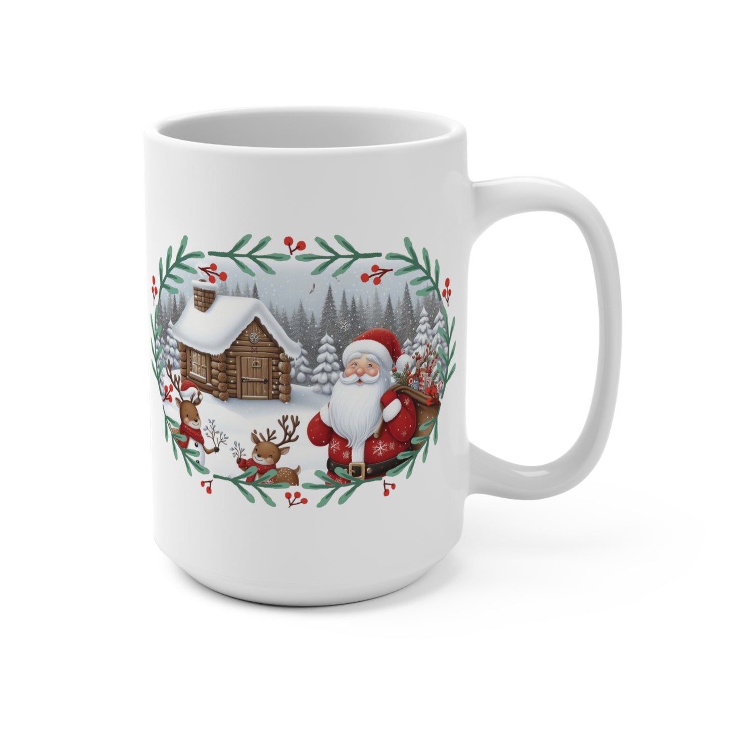Santa, Gifts, Cabin, Reindeer, Snow, Trees, Birds, Christmas Mug