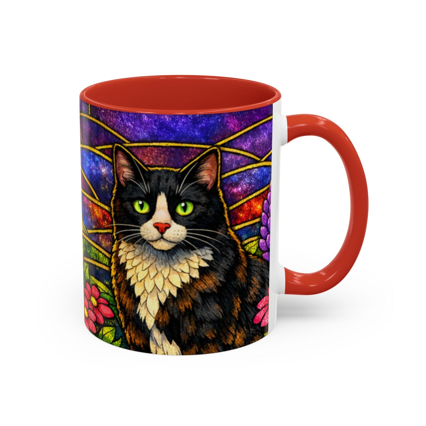 Tuxedo Cat Accent Coffee Mug — Stained-Glass Floral Design (11 oz)