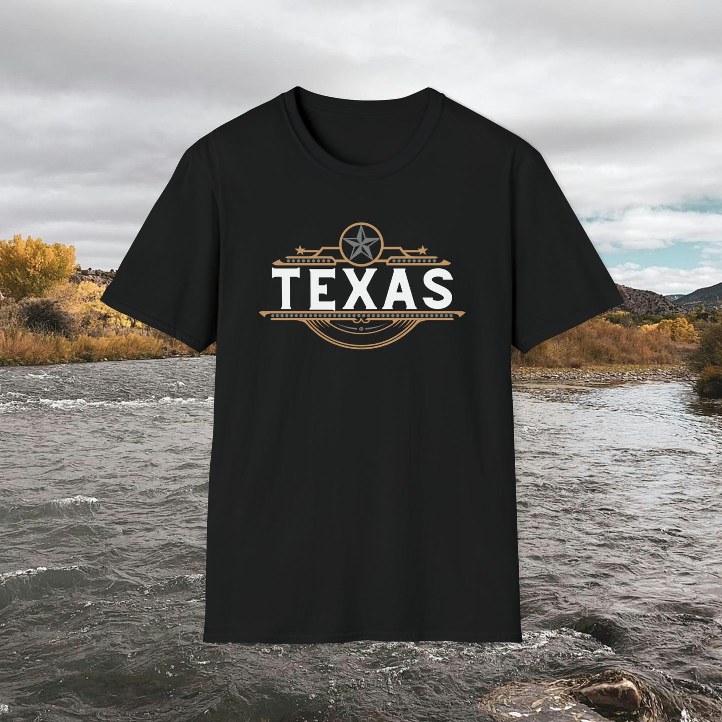 Texas T-shirt Elegant Gold Banner, Silver Star, Accents on a beautiful Graphic Softstyle T-Shirt Unisex Designs by MII