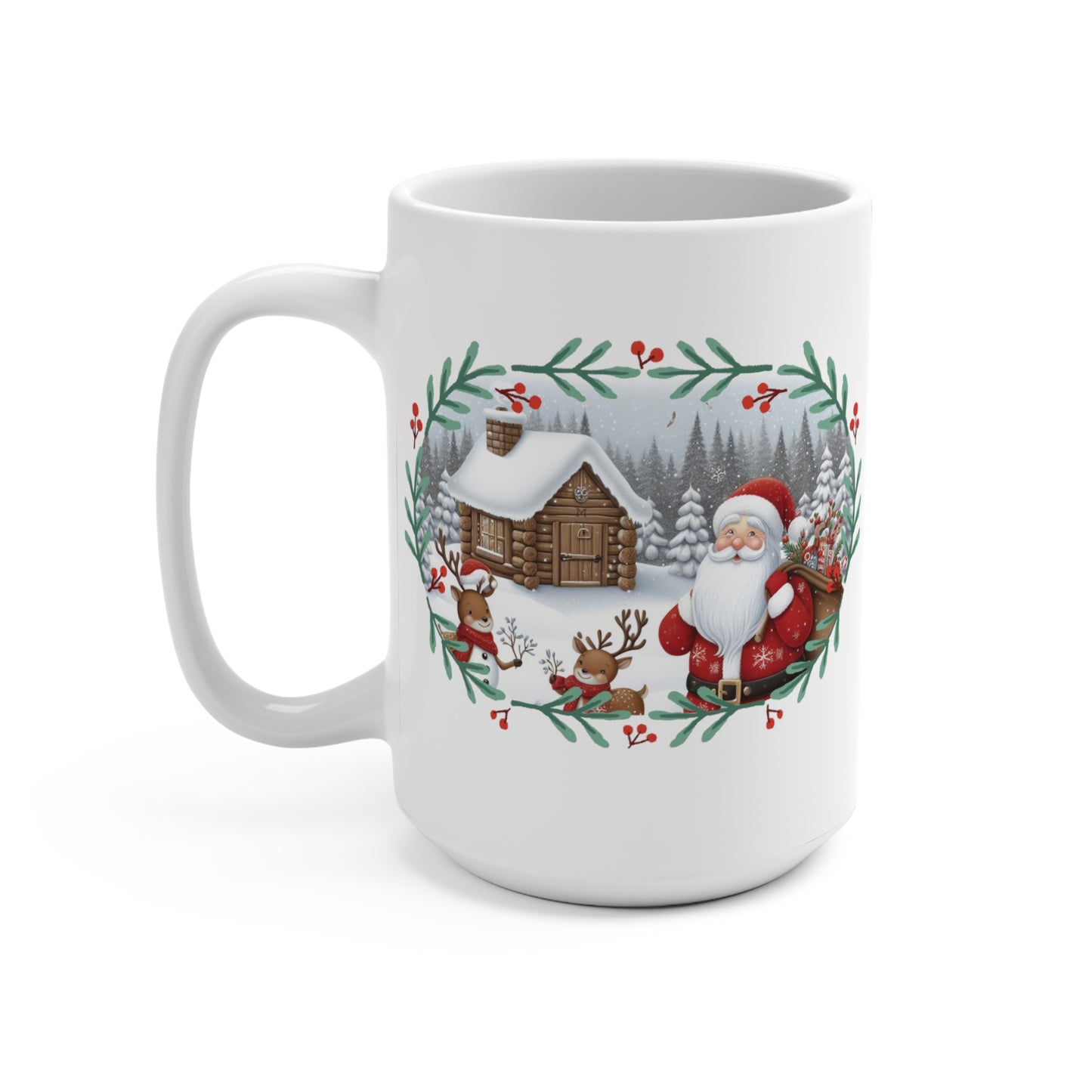 Santa, Gifts, Cabin, Reindeer, Snow, Trees, Birds, Christmas Mug