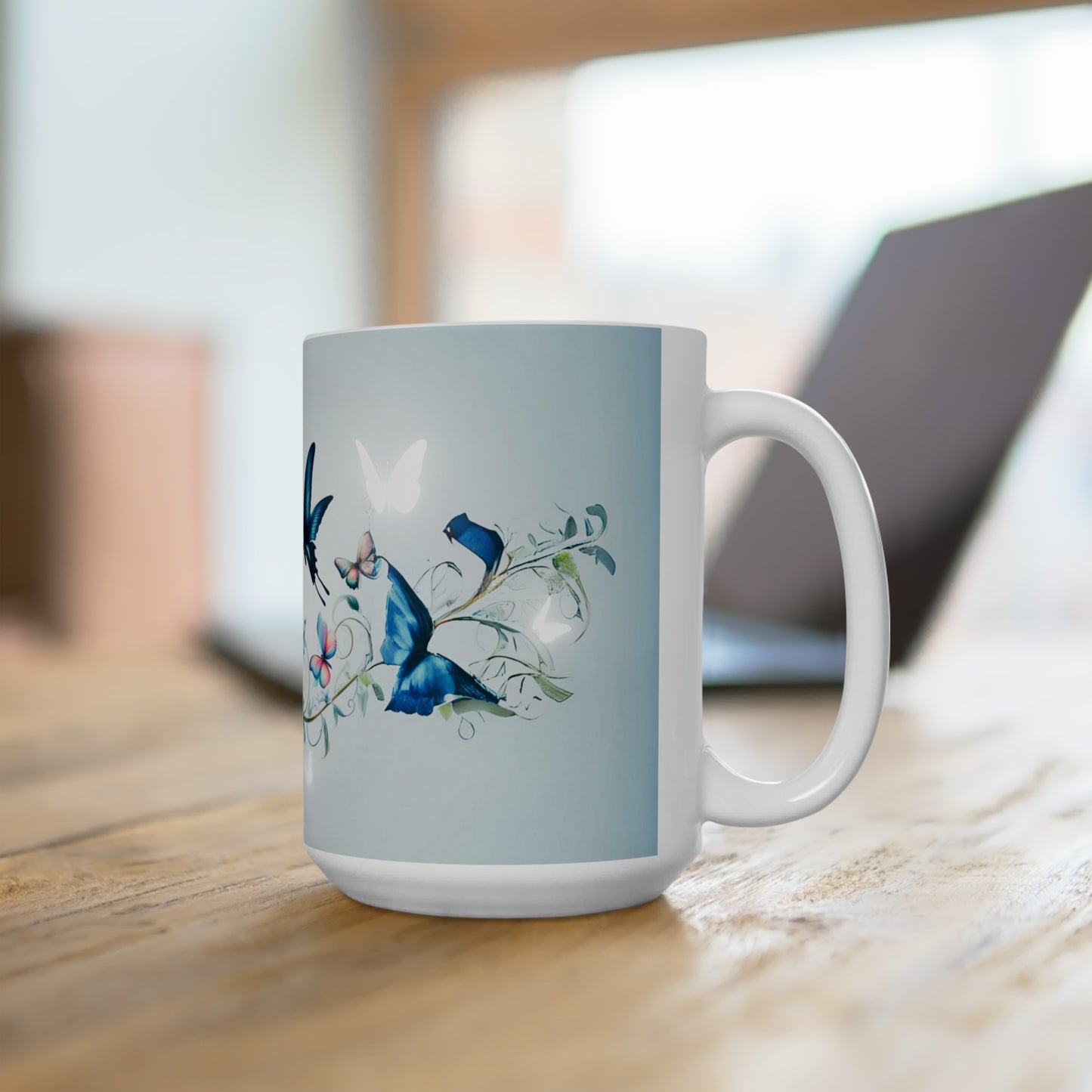 Blue Butterflies, with vines and flowers 15oz White Ceramic Mug PC Designs
