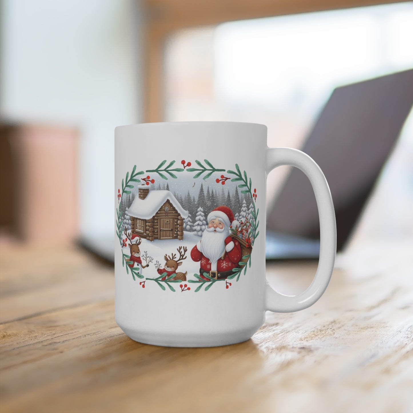 Santa, Gifts, Cabin, Reindeer, Snow, Trees, Birds, Christmas Mug