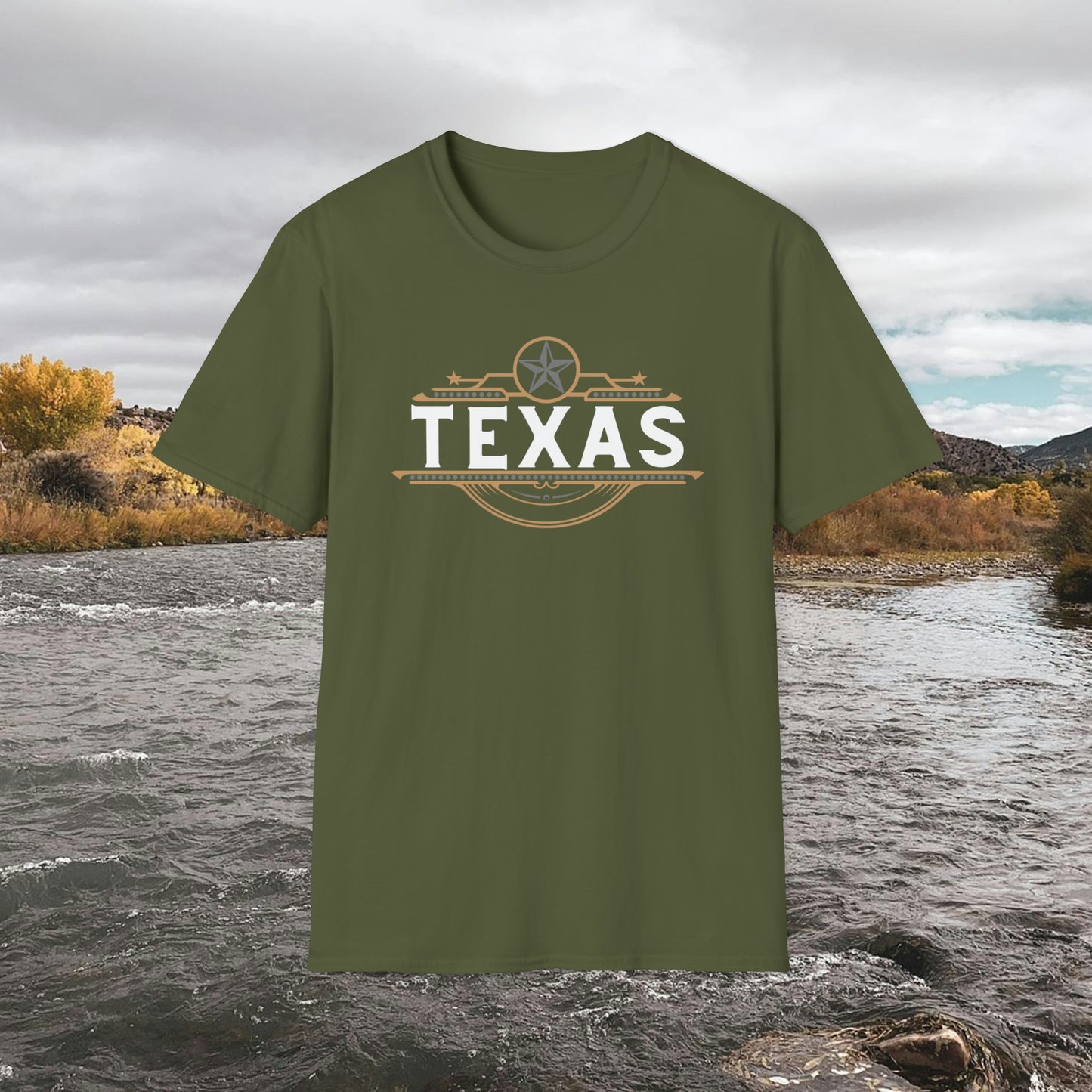 Texas T-shirt Elegant Gold Banner, Silver Star, Accents on a beautiful Graphic Softstyle T-Shirt Unisex Designs by MII