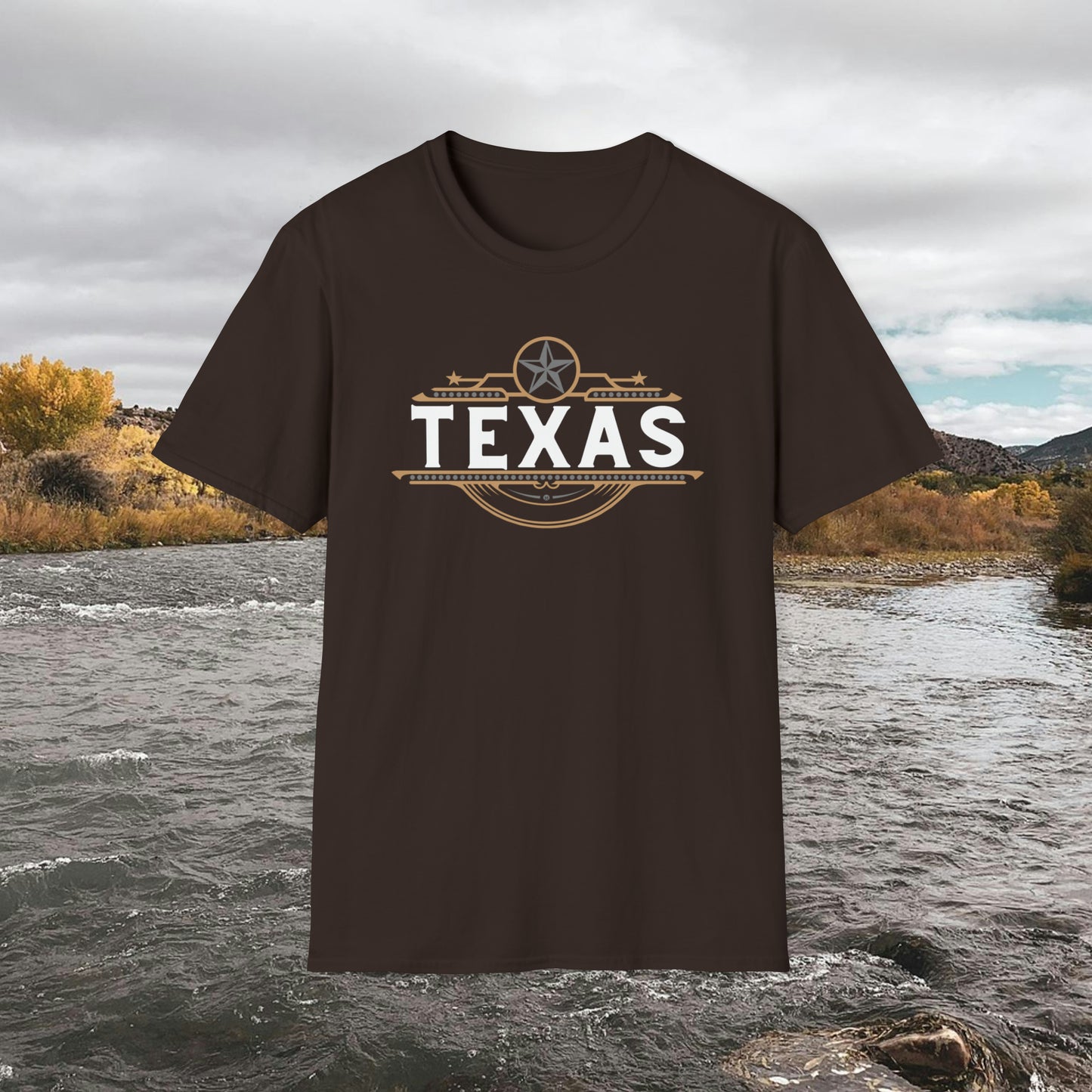 Texas T-shirt Elegant Gold Banner, Silver Star, Accents on a beautiful Graphic Softstyle T-Shirt Unisex Designs by MII