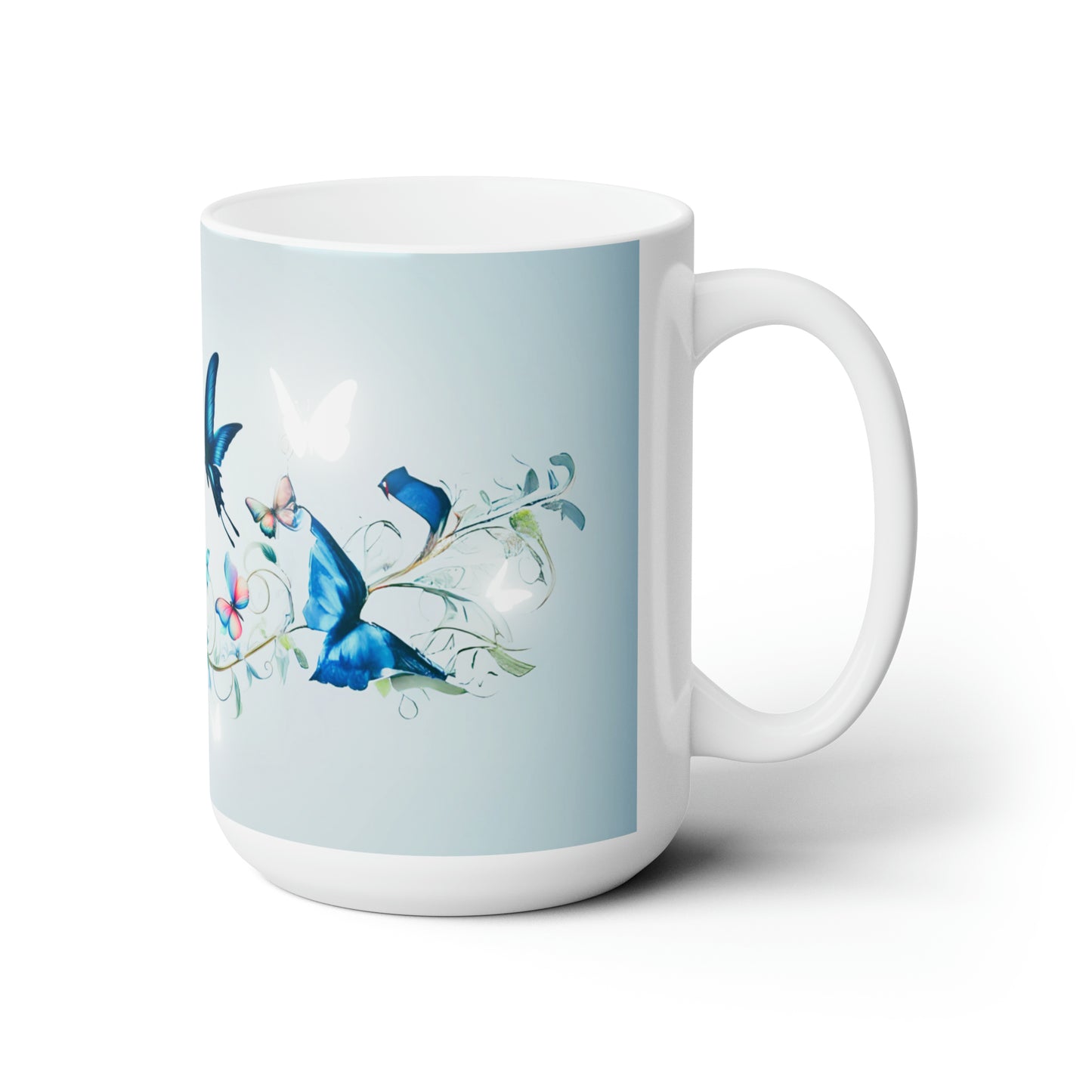 Blue Butterflies, with vines and flowers 15oz White Ceramic Mug PC Designs