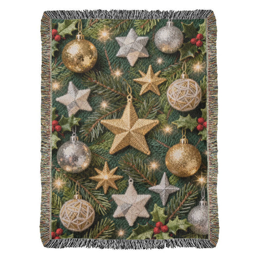 Christmas Ornaments on Green Boughs and Holly - 100% Cotton Woven Blanket in 3 sizes