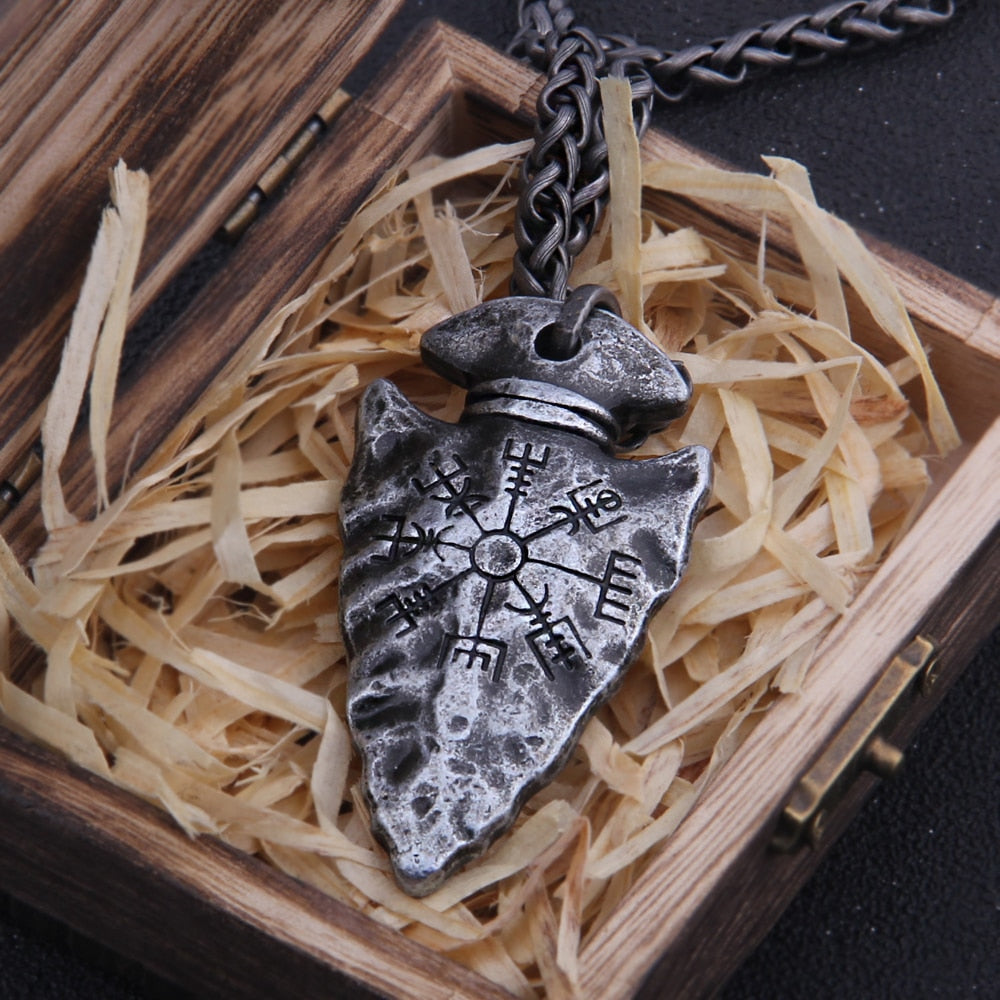 helm of awe and viking vegvisir iron color viking spear pendant necklace with stainless steel chain as men's gift