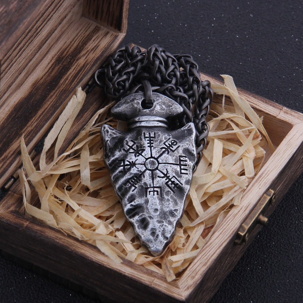 helm of awe and viking vegvisir iron color viking spear pendant necklace with stainless steel chain as men's gift