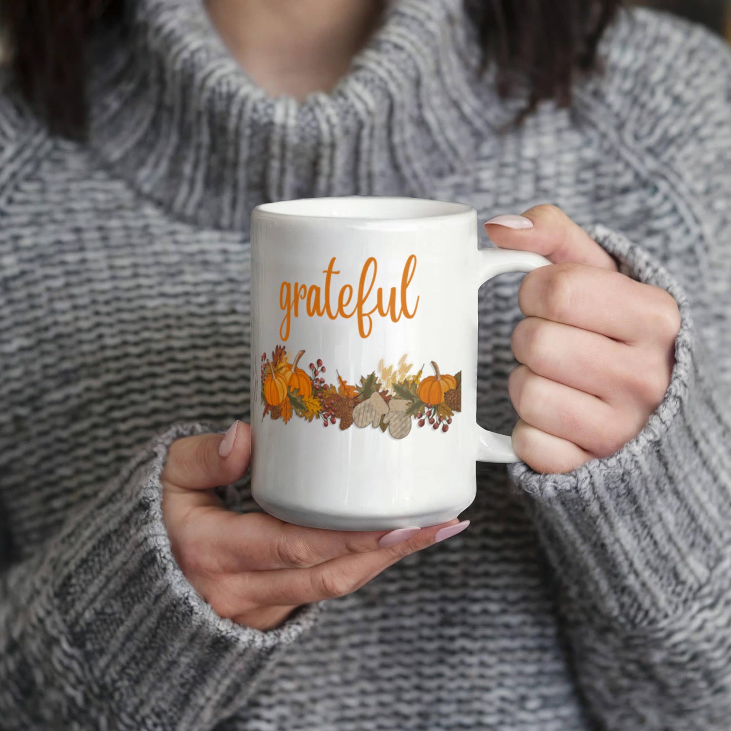 Grateful with Fall Border - Two-sided Print White Mug 15oz