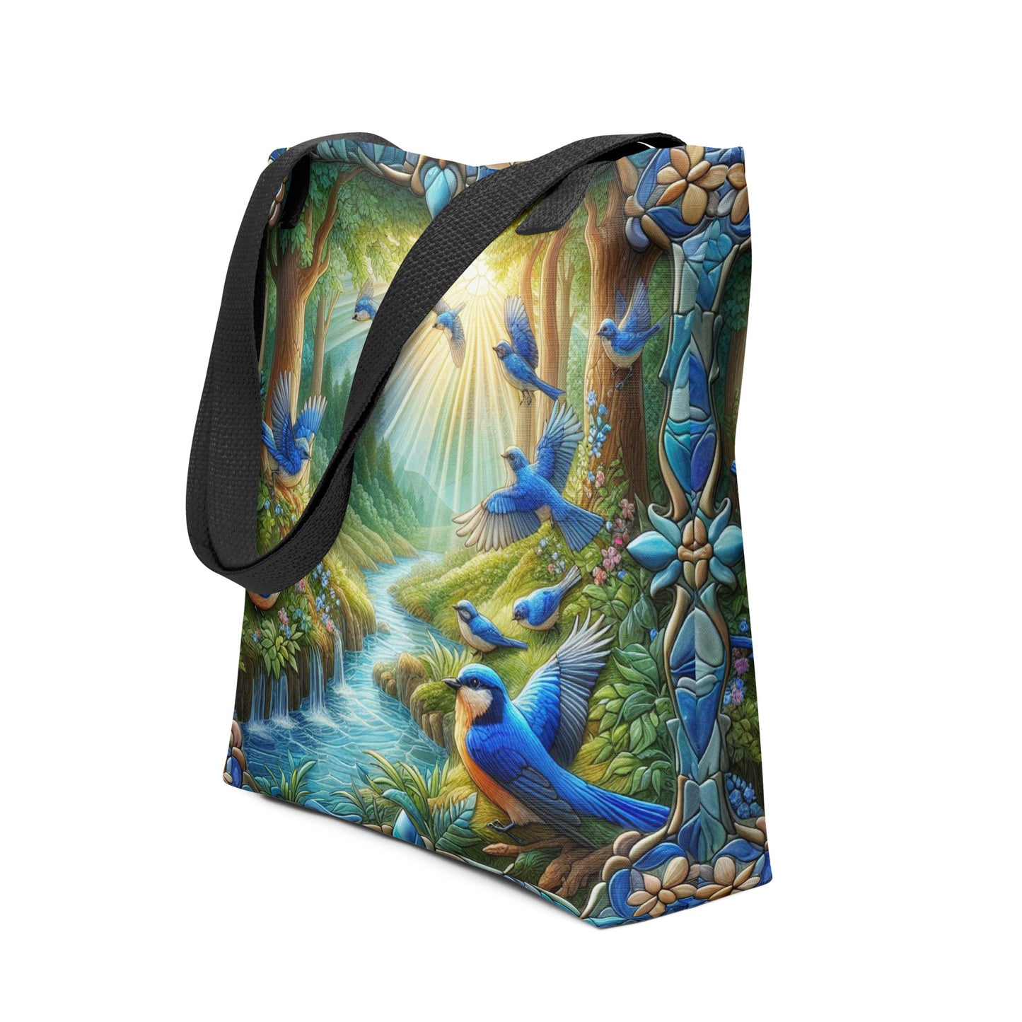 Blue Birds in Flight Stained Glass Border Streaming Sunlight 15"x15" AOP Tote bag