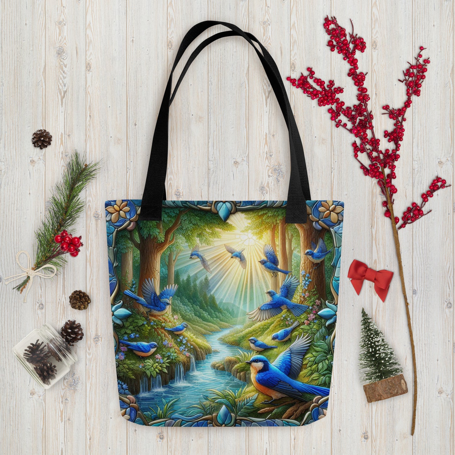Blue Birds in Flight Stained Glass Border Streaming Sunlight 15"x15" AOP Tote bag