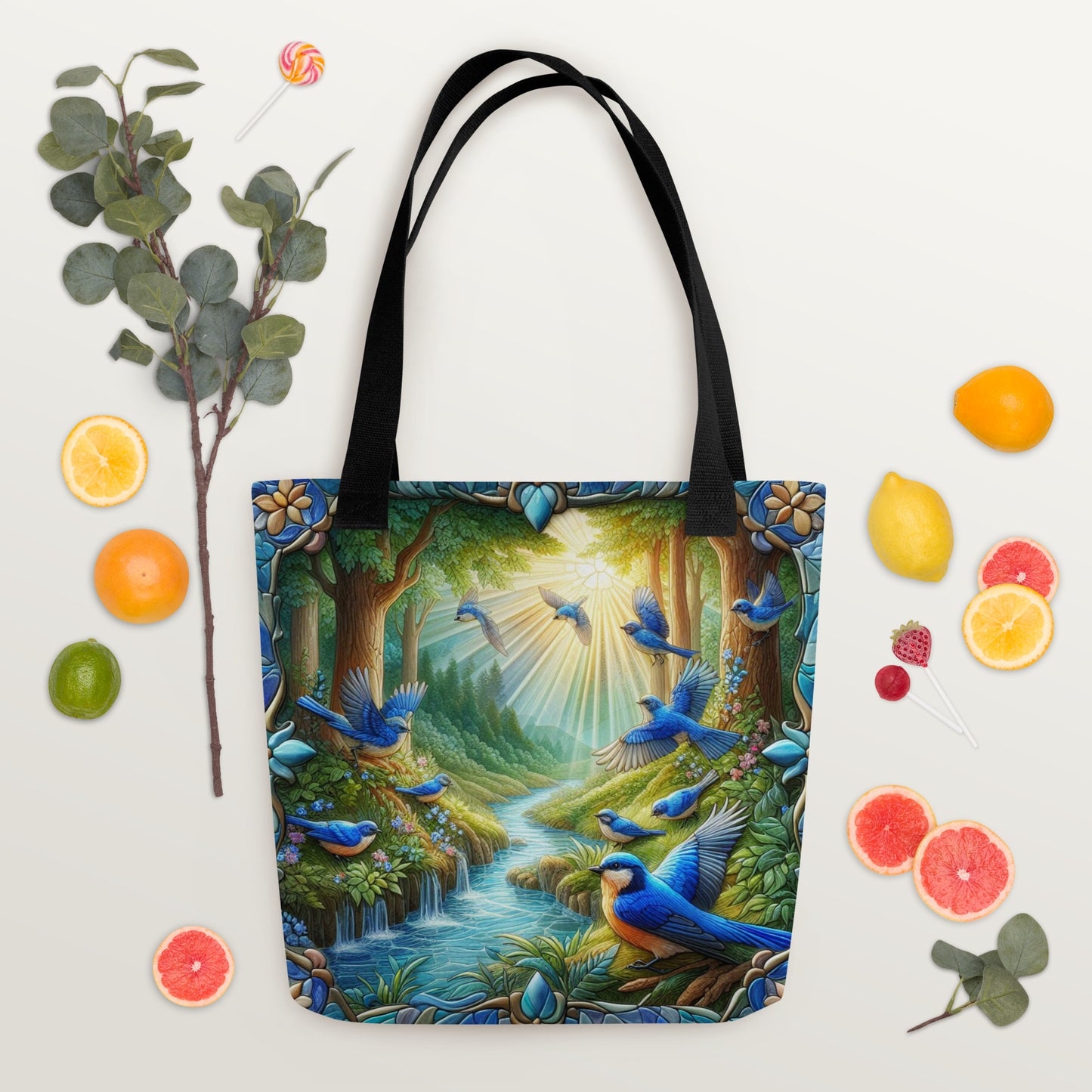 Blue Birds in Flight Stained Glass Border Streaming Sunlight 15"x15" AOP Tote bag