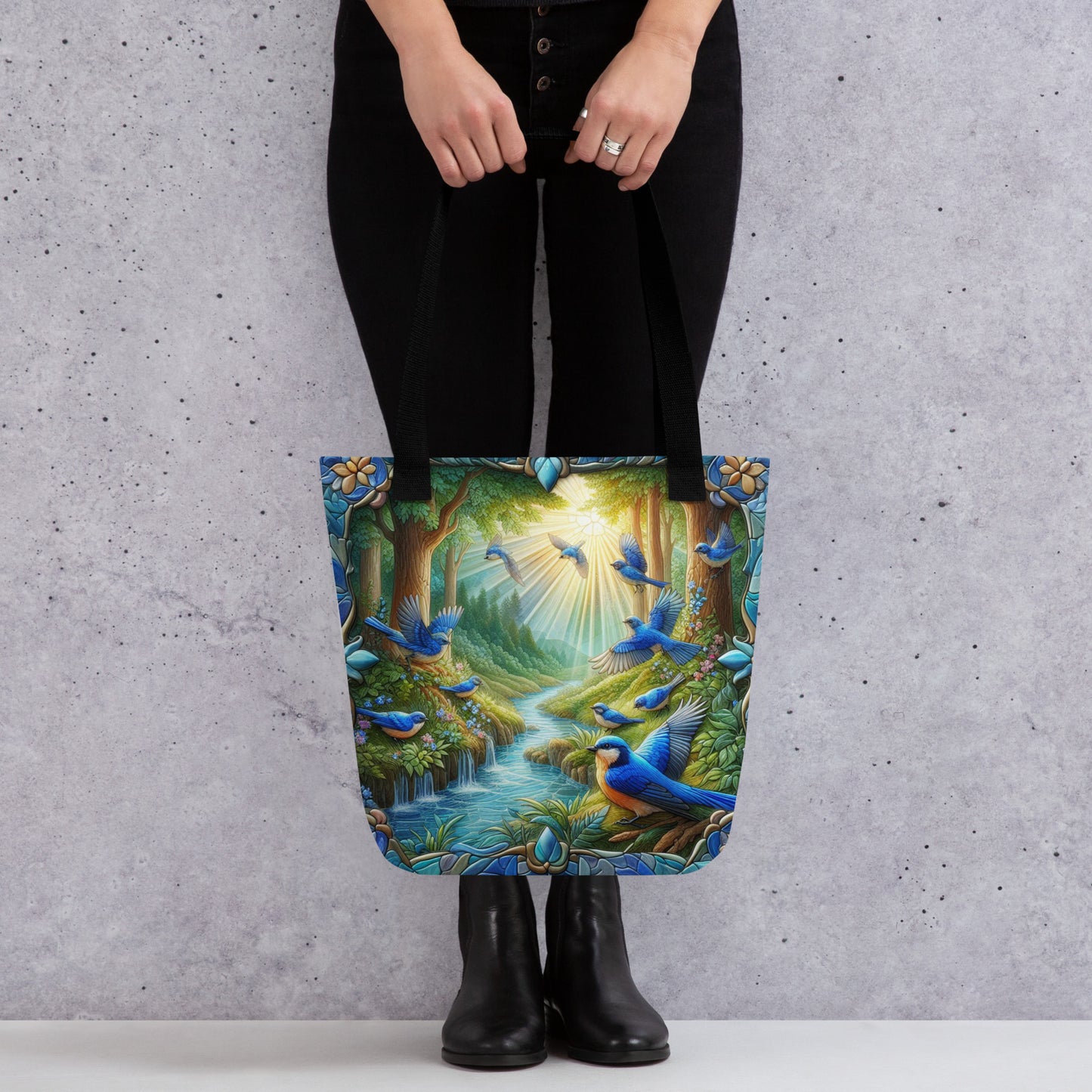 Blue Birds in Flight Stained Glass Border Streaming Sunlight 15"x15" AOP Tote bag