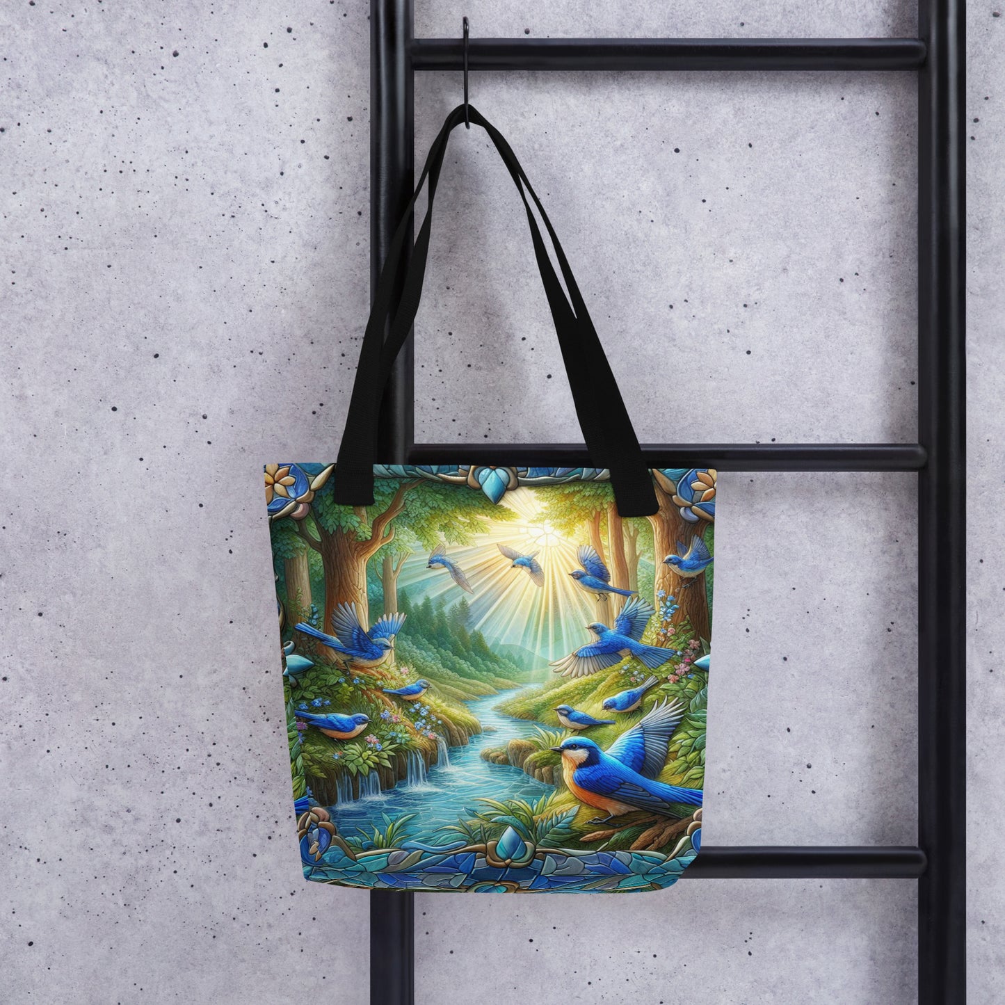 Blue Birds in Flight Stained Glass Border Streaming Sunlight 15"x15" AOP Tote bag