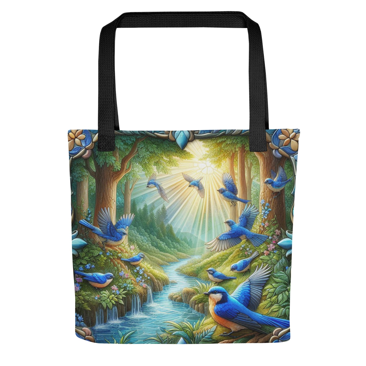 Blue Birds in Flight Stained Glass Border Streaming Sunlight 15"x15" AOP Tote bag