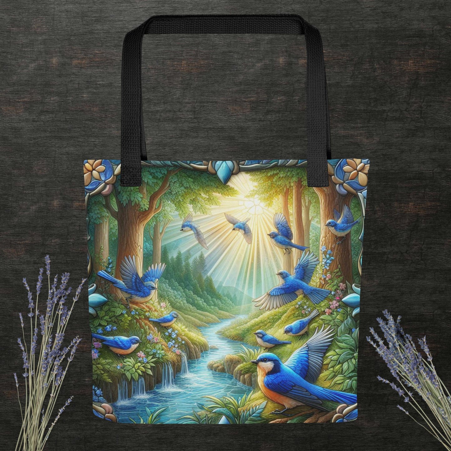 Blue Birds in Flight Stained Glass Border Streaming Sunlight 15"x15" AOP Tote bag