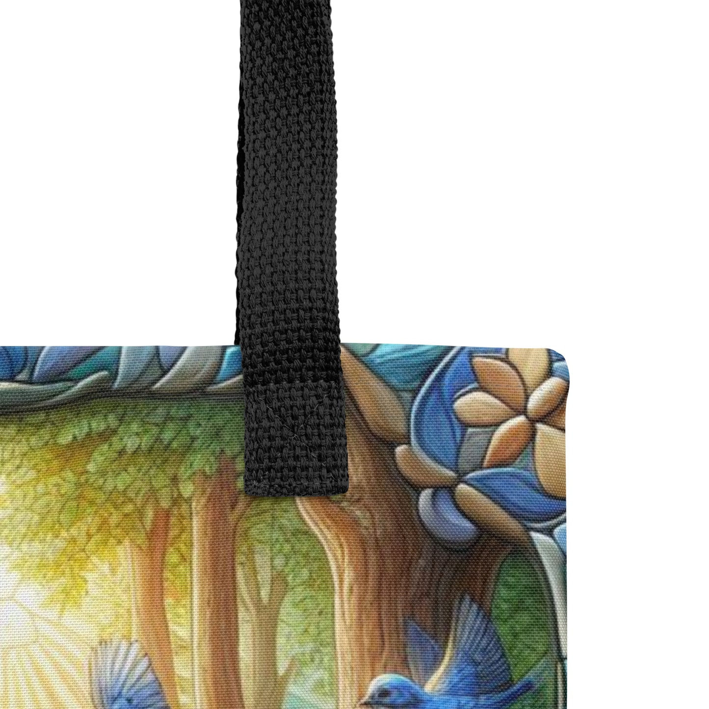 Blue Birds in Flight Stained Glass Border Streaming Sunlight 15"x15" AOP Tote bag