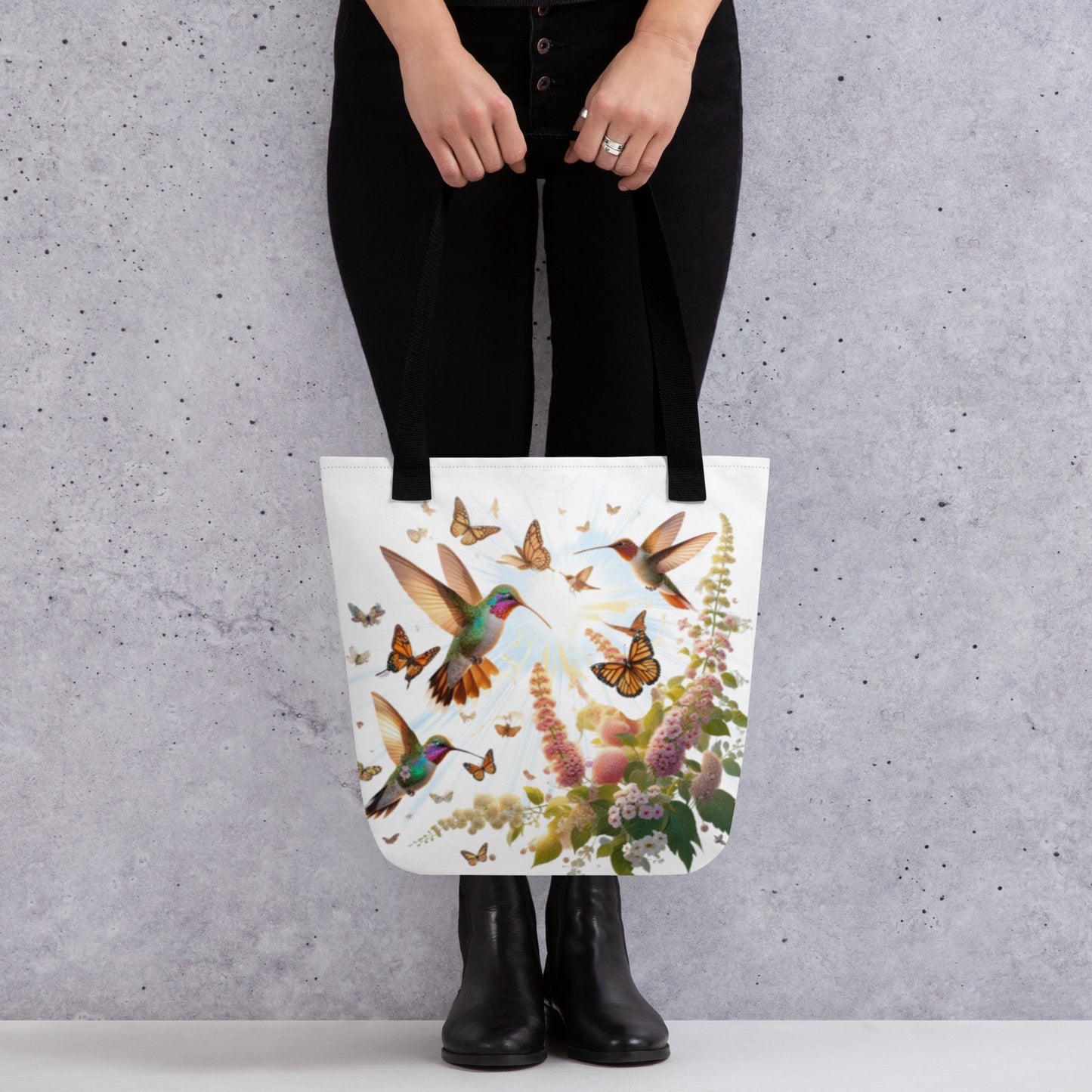 Hummingbirds, Butterflies and Flowers Tote bag with All Over Print (AOP)