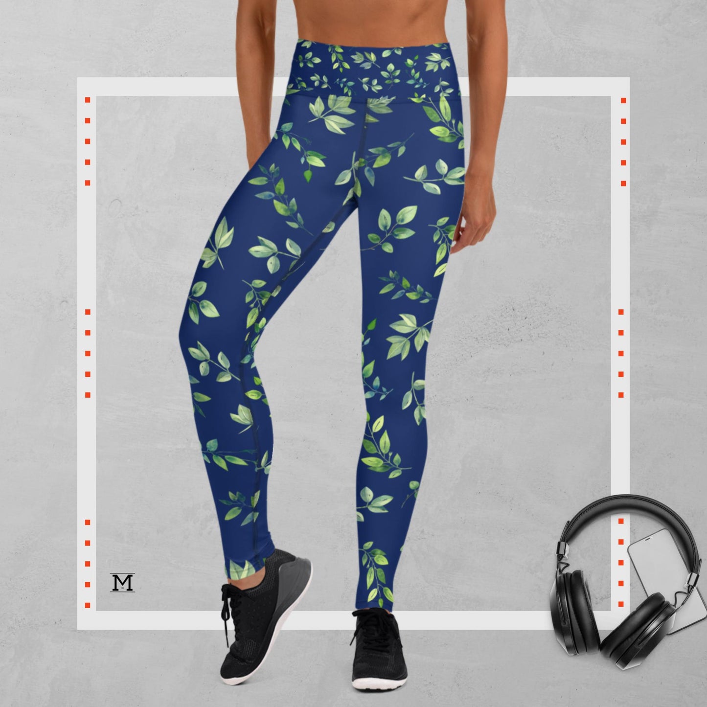 Yoga Leggings AOP (All over print) green floral on blue background by MII