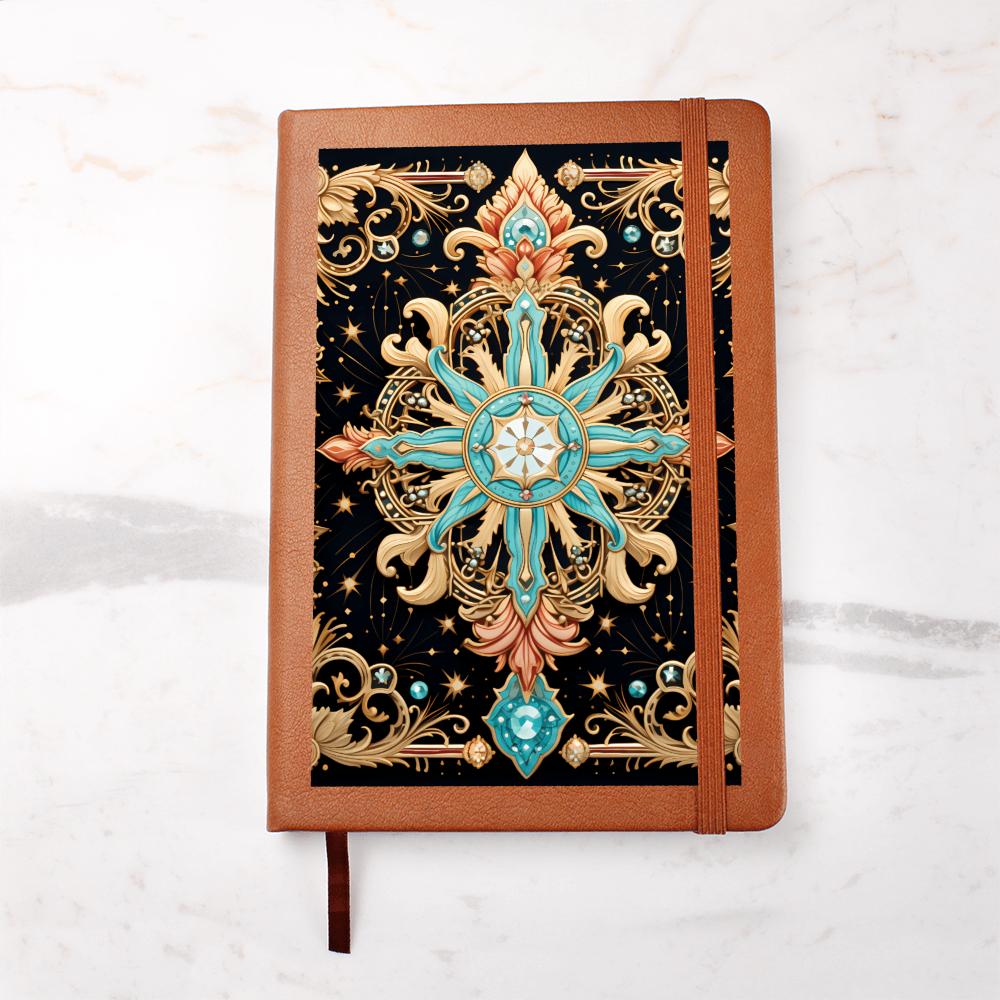 Turquoise and Gold Flourish Compass with Scrollwork – Vegan Leather Graphic Journal