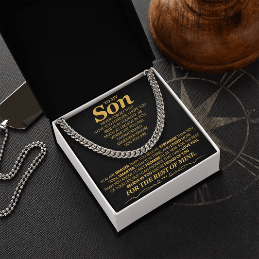 To My Son, Brave Strong Smart and Loved - Cuban Link Chain Message Card Jewelry