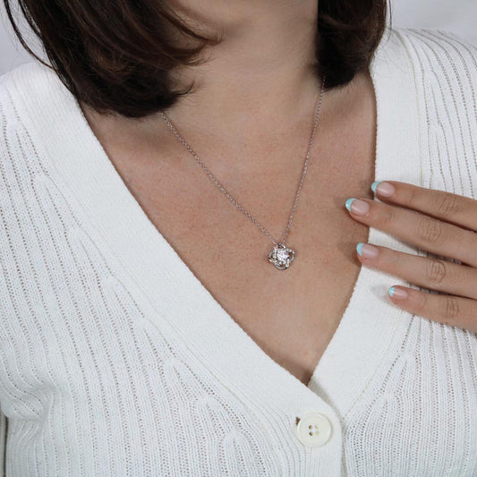 Love Knot Necklace 14k White Gold Over Stainless Steel or 18k Yellow Gold Over Stainless Steel 6mm Round Cut Cubic Zirconia Stone (No Message Card)