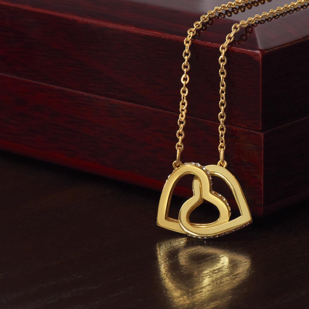 Interlocking Hearts Necklace polished surgical steel and rose gold finish or 18k yellow gold finish with CZ crystals (No Message Card)