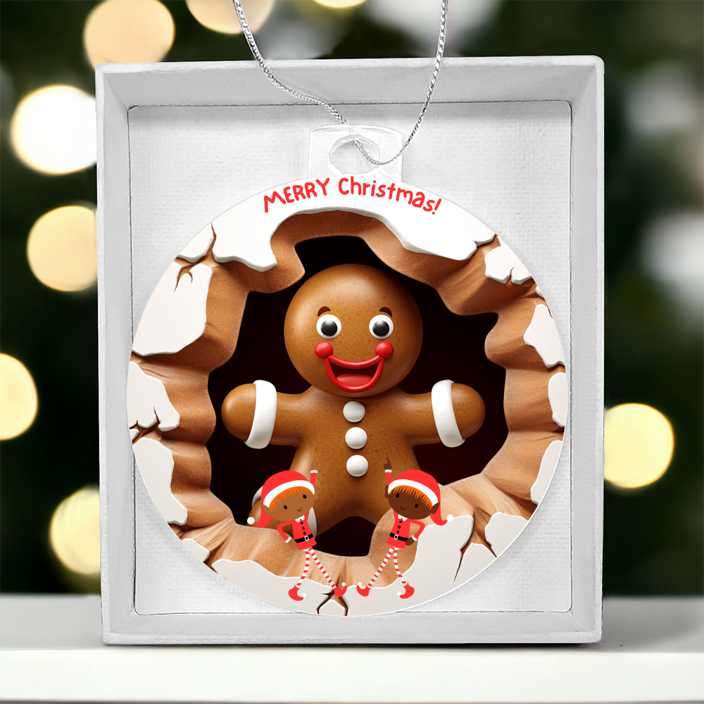 Merry Christmas! Ginger Bread Man with Elves - Acrylic Ornament w/Optional Gift Box