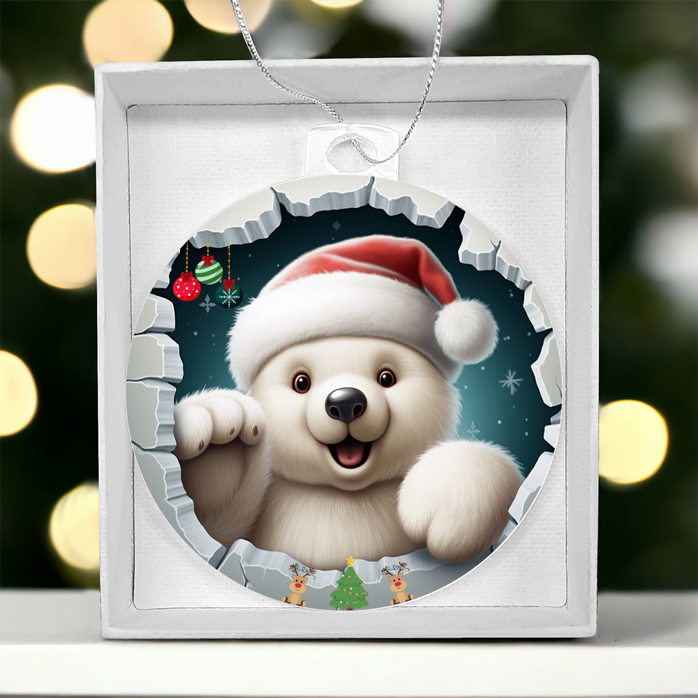 Cuddly Polar with Santa Hat and Gifts - Acrylic Ornament w/Optional Gift Box