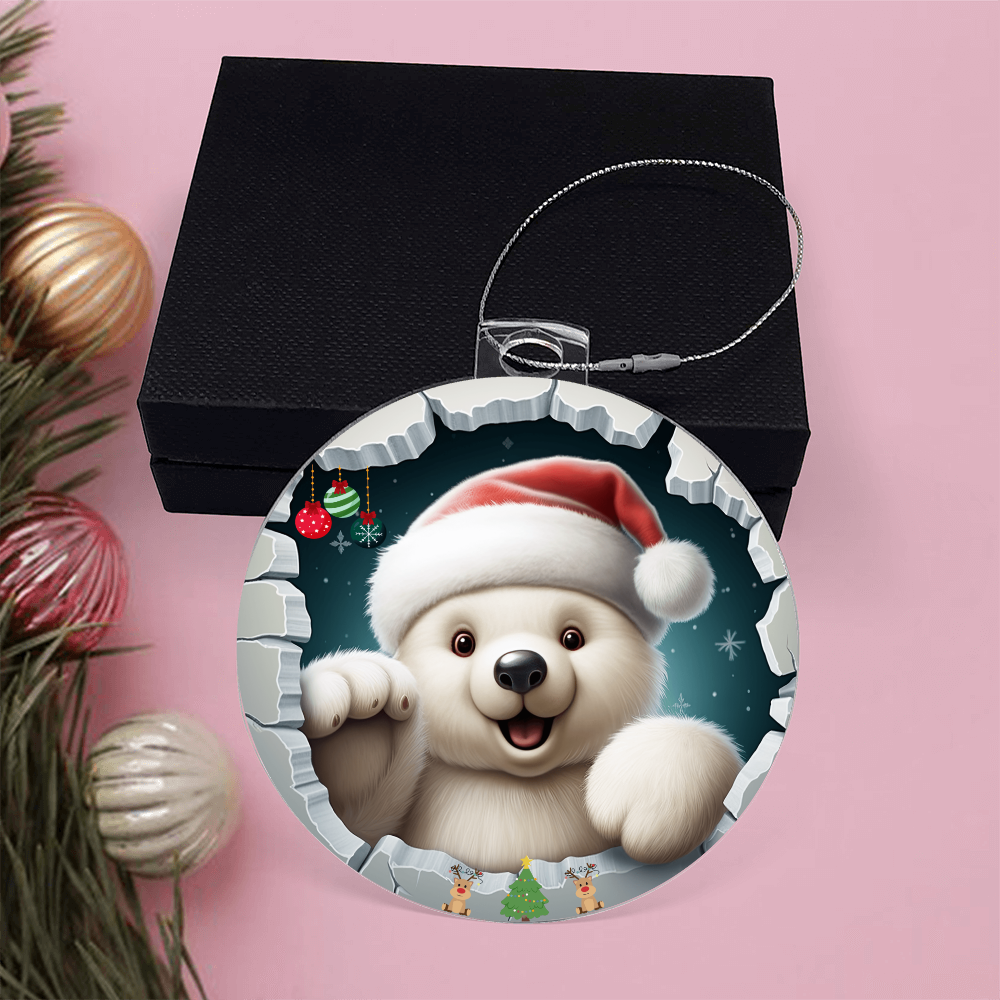 Cuddly Polar with Santa Hat and Gifts - Acrylic Ornament w/Optional Gift Box