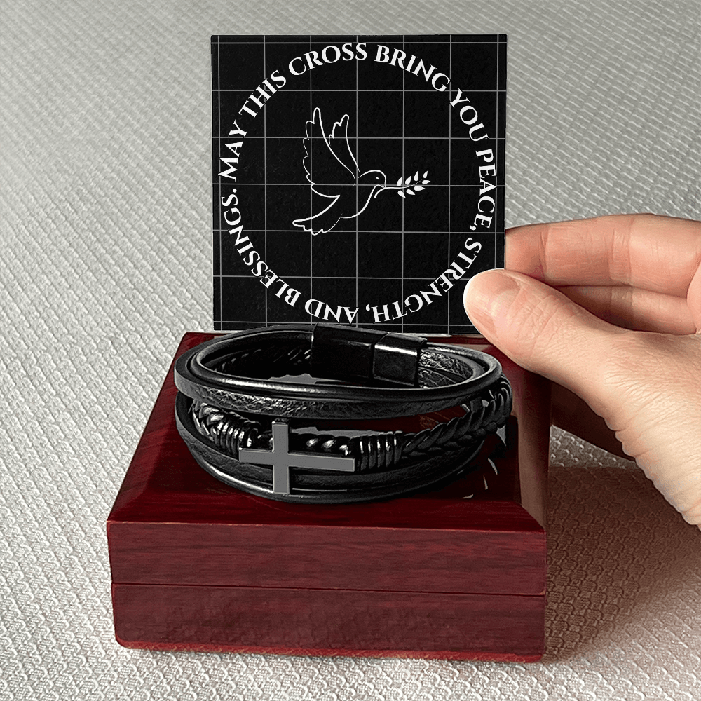 May This Cross Bring You Peace, Strength, and Blessings - Men's SS Cross Vegan Leather Bracelet