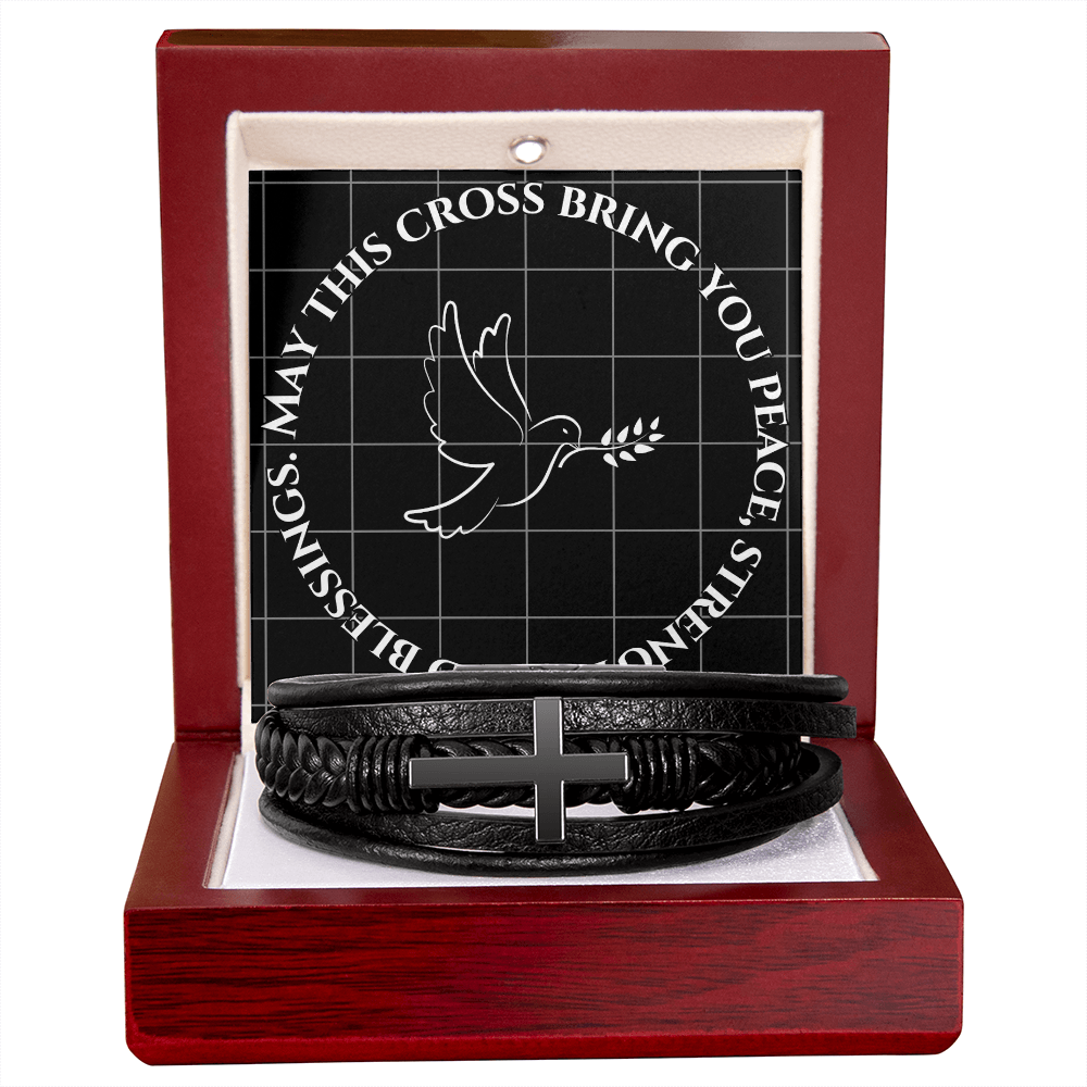May This Cross Bring You Peace, Strength, and Blessings - Men's SS Cross Vegan Leather Bracelet