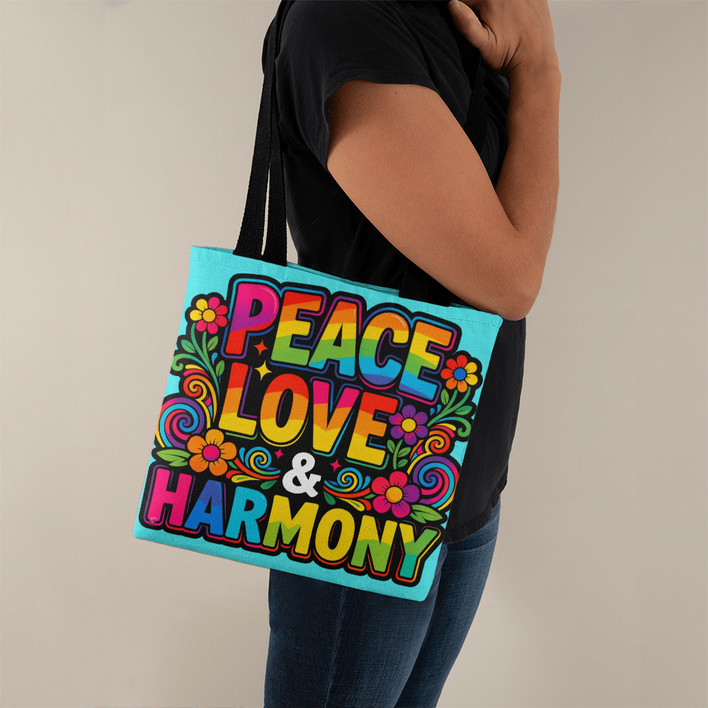 Peace Love and Harmony Boho Tote Bag in 3 Sizes and 5 Handle Colors