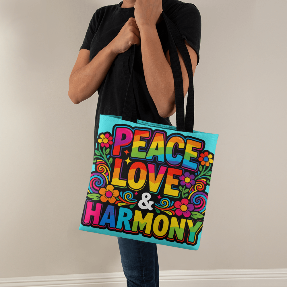 Peace Love and Harmony Boho Tote Bag in 3 Sizes and 5 Handle Colors