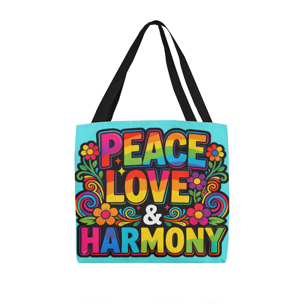 Peace Love and Harmony Boho Tote Bag in 3 Sizes and 5 Handle Colors