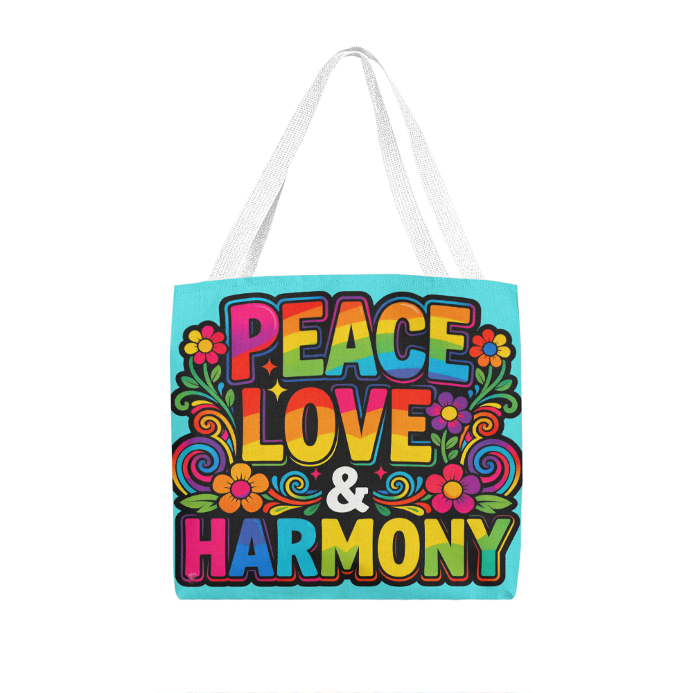 Peace Love and Harmony Boho Tote Bag in 3 Sizes and 5 Handle Colors