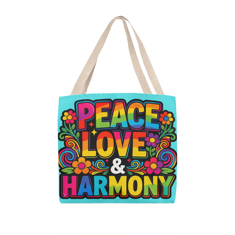 Peace Love and Harmony Boho Tote Bag in 3 Sizes and 5 Handle Colors