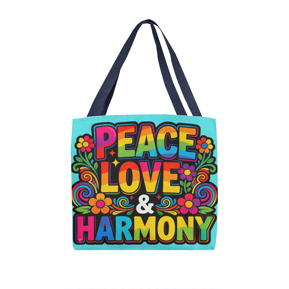 Peace Love and Harmony Boho Tote Bag in 3 Sizes and 5 Handle Colors