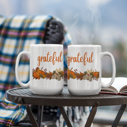 Grateful with Fall Border - Two-sided Print White Mug 15oz