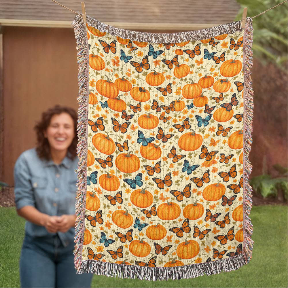 Pumpkins and Butterflies Pattern - Eco Friendly and Cozy 100% Cotton Yarn Woven Blanket in 3 Sizes