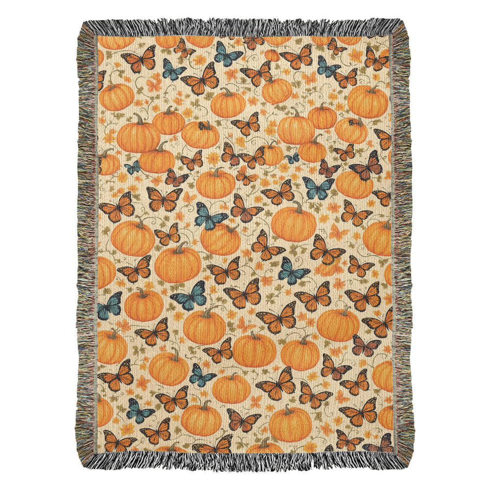Pumpkins and Butterflies Pattern - Eco Friendly and Cozy 100% Cotton Yarn Woven Blanket in 3 Sizes
