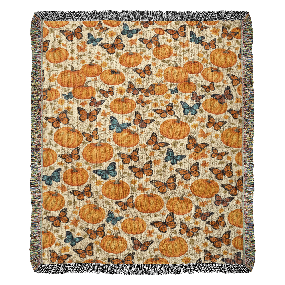 Pumpkins and Butterflies Pattern - Eco Friendly and Cozy 100% Cotton Yarn Woven Blanket in 3 Sizes