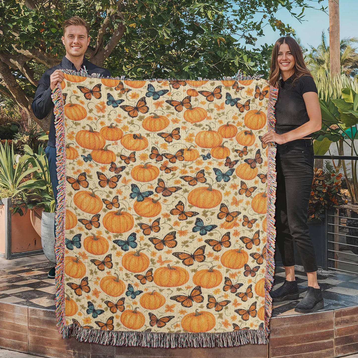 Pumpkins and Butterflies Pattern - Eco Friendly and Cozy 100% Cotton Yarn Woven Blanket in 3 Sizes