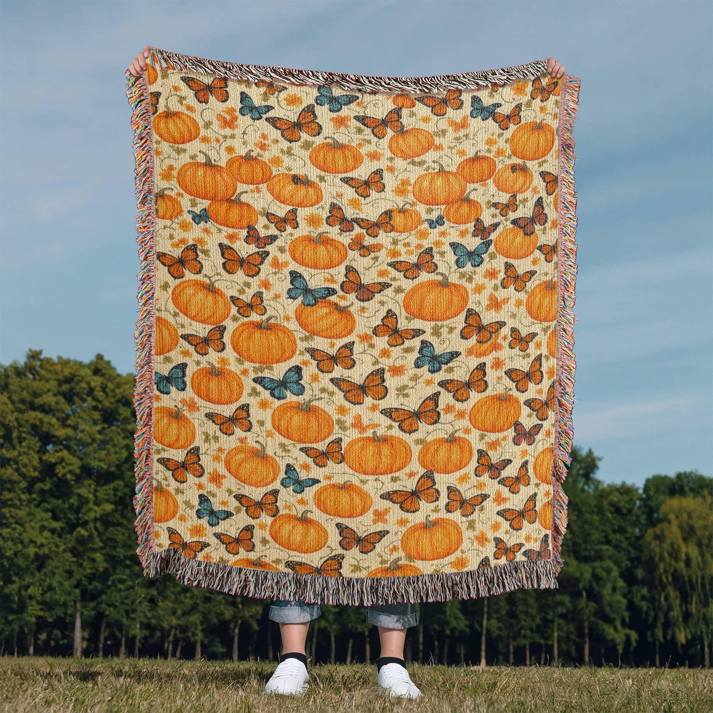 Pumpkins and Butterflies Pattern - Eco Friendly and Cozy 100% Cotton Yarn Woven Blanket in 3 Sizes