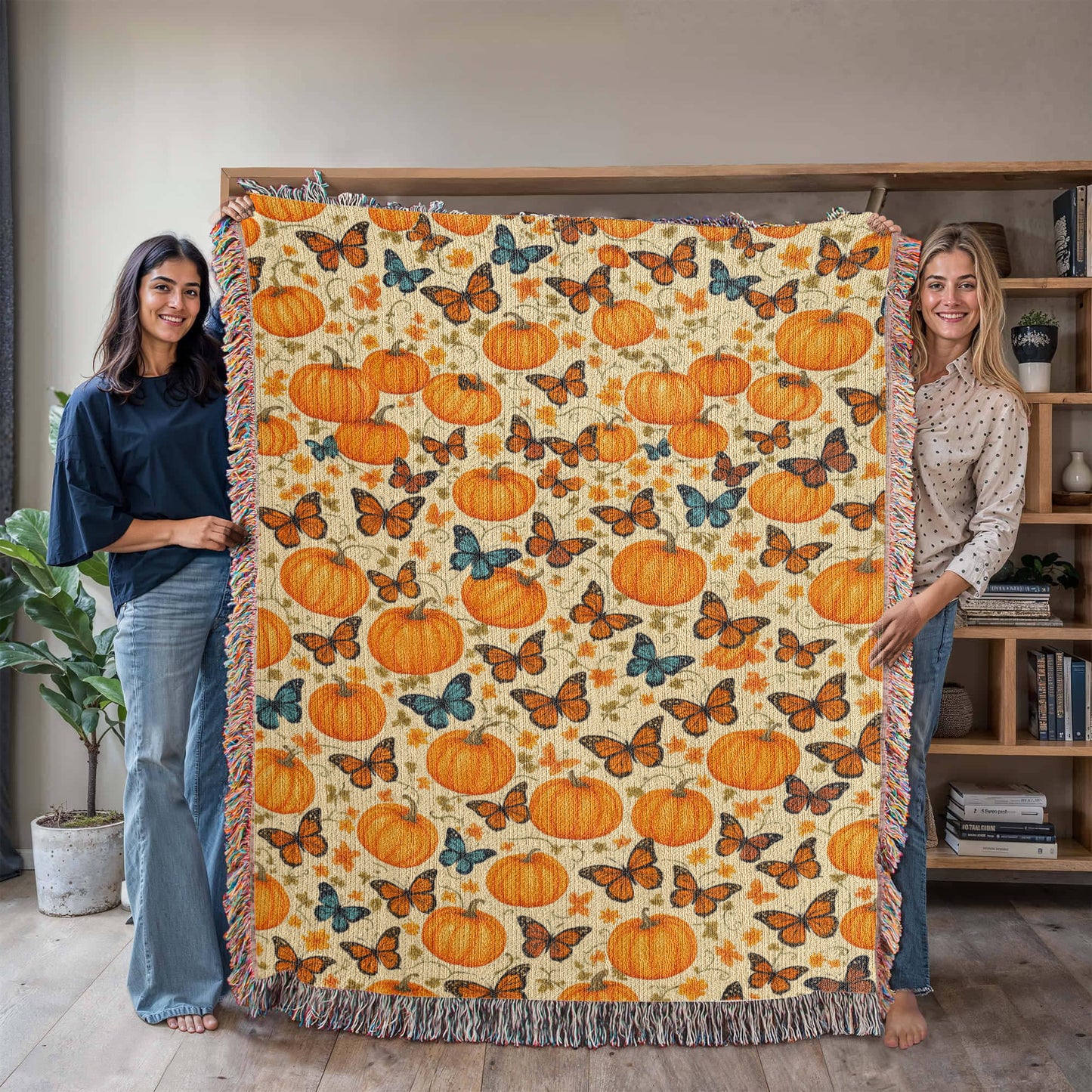 Pumpkins and Butterflies Pattern - Eco Friendly and Cozy 100% Cotton Yarn Woven Blanket in 3 Sizes
